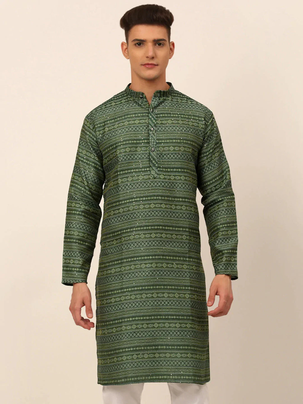 Jompers Men's Printed Sequinned Kurta Only - Green | Grocsy