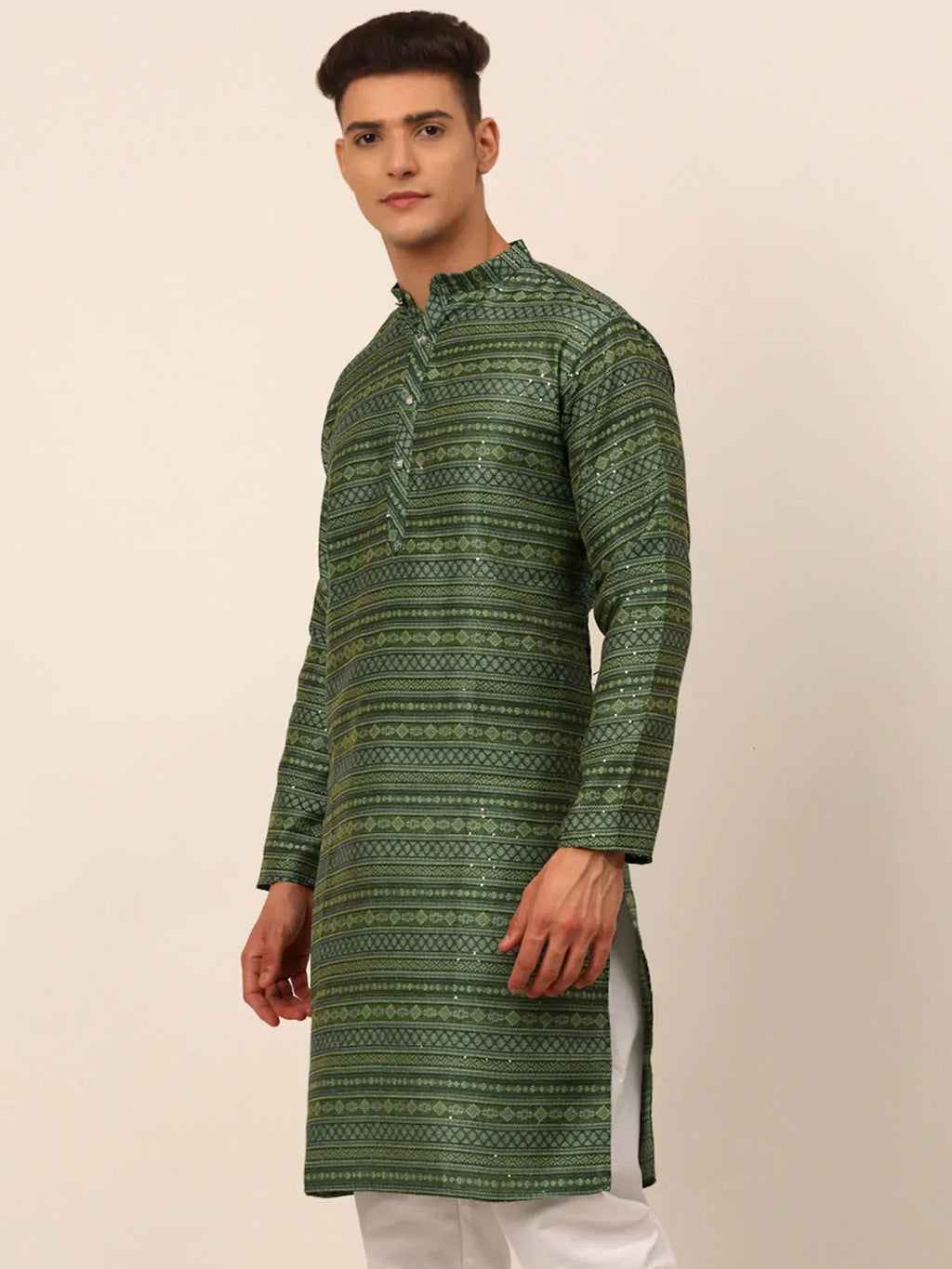 Jompers Men's Printed Sequinned Kurta Only - Green | Grocsy