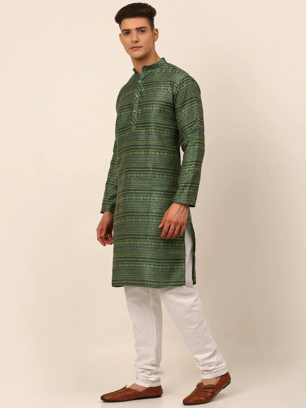 Jompers Men's Sequinned Kurta with Churidar - Green | Grocsy