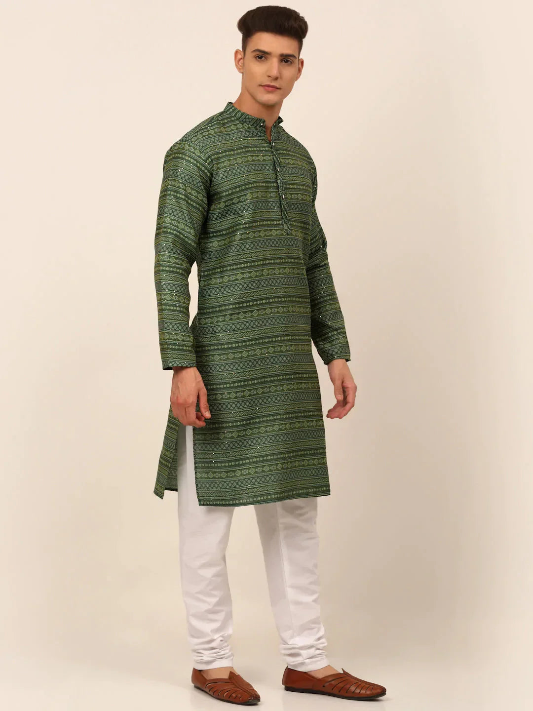 Jompers Men's Printed Sequinned Kurta Only - Green | Grocsy