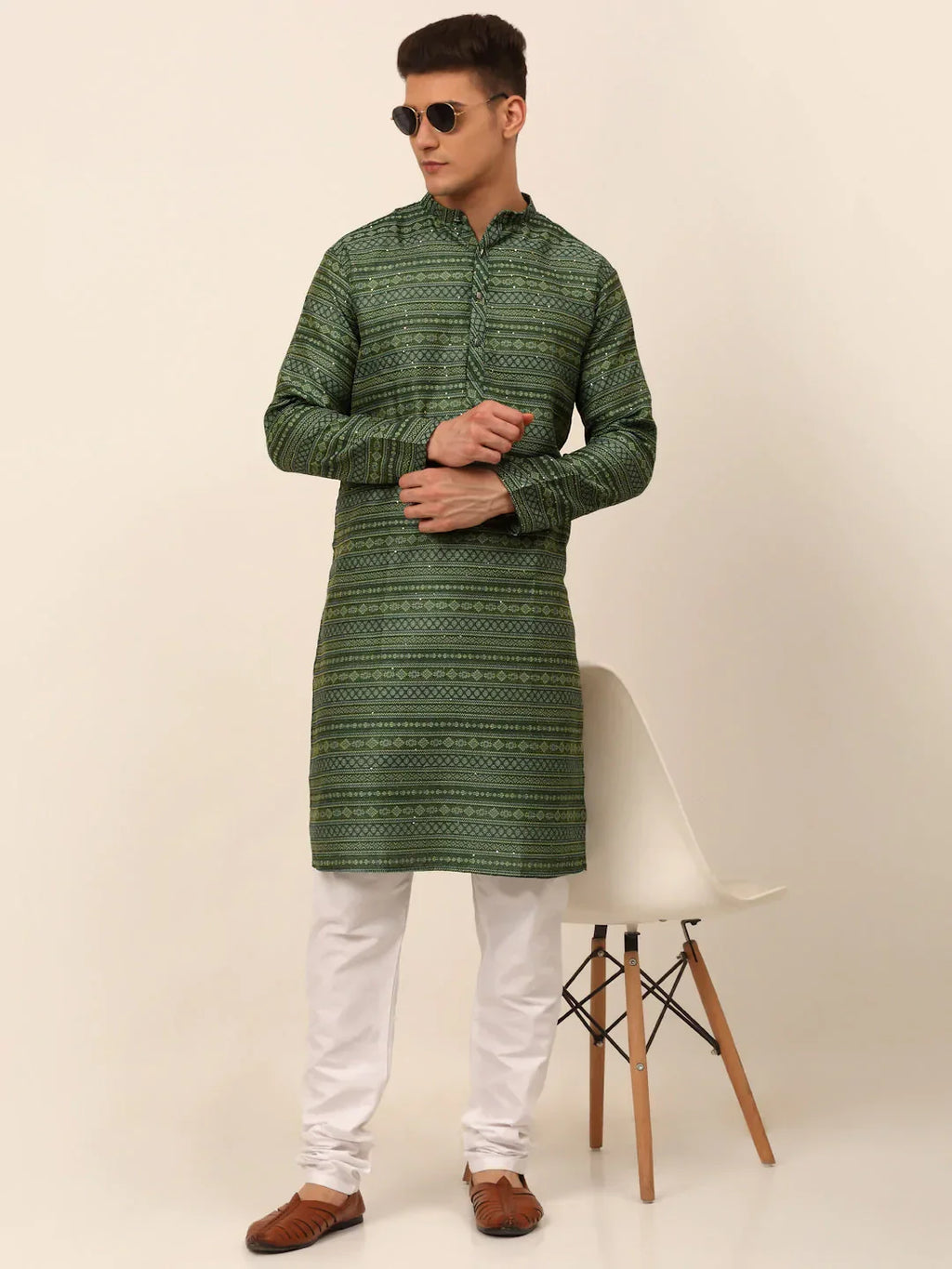Jompers Men's Sequinned Kurta with Churidar - Green | Grocsy