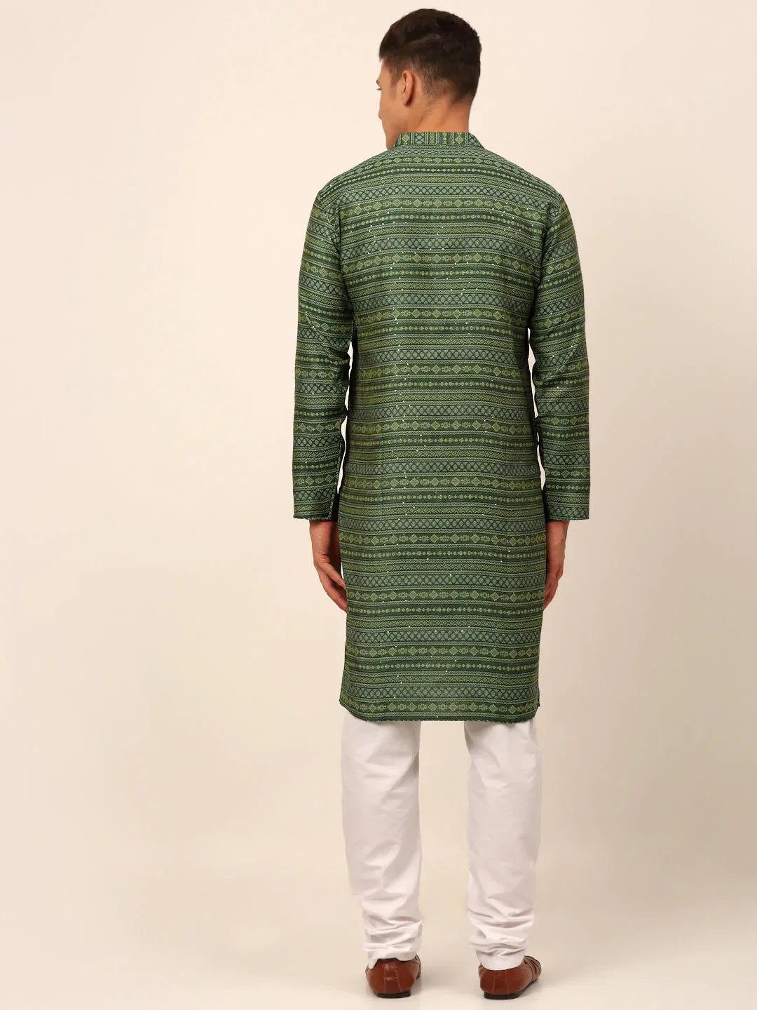 Jompers Men's Sequinned Kurta with Churidar - Green | Grocsy