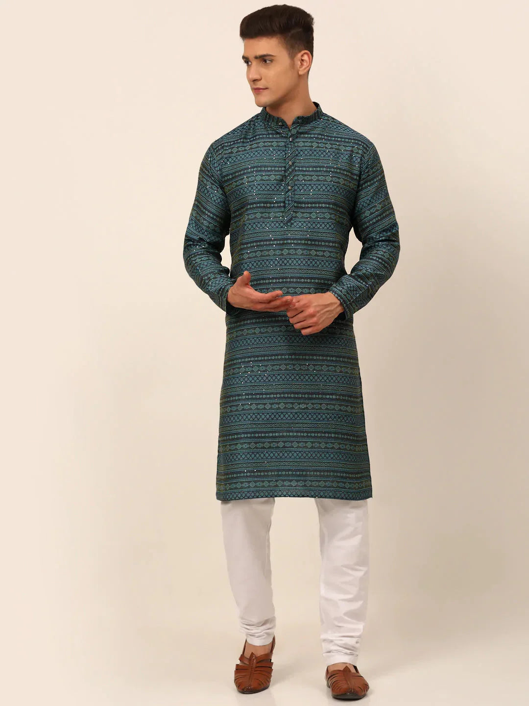 Jompers Men's Printed Sequinned Kurta with Churidar - Teal | Grocsy