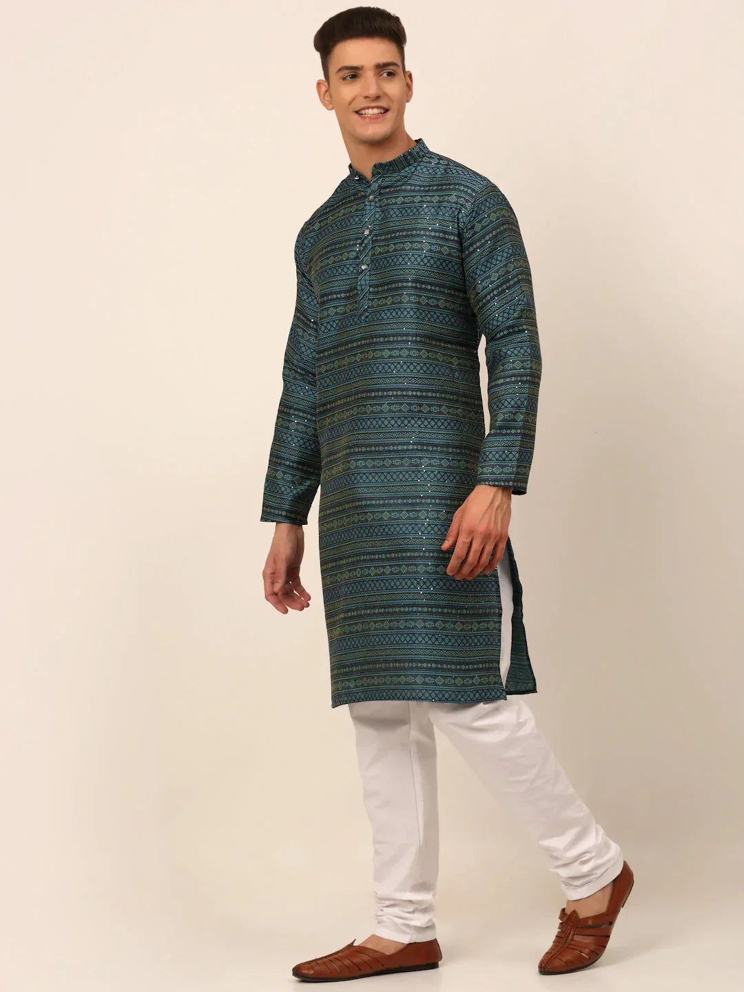 Jompers Men's Printed Sequinned Kurta with Churidar - Teal | Grocsy