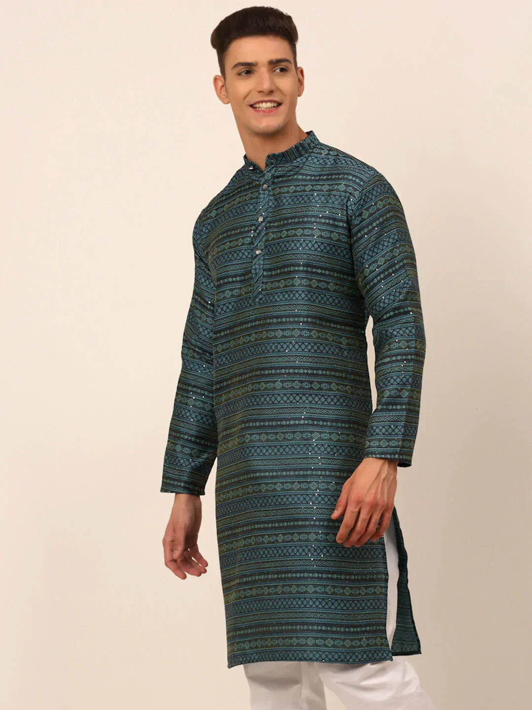 Jompers Men's Printed Sequinned Kurta Only - Teal | Grocsy