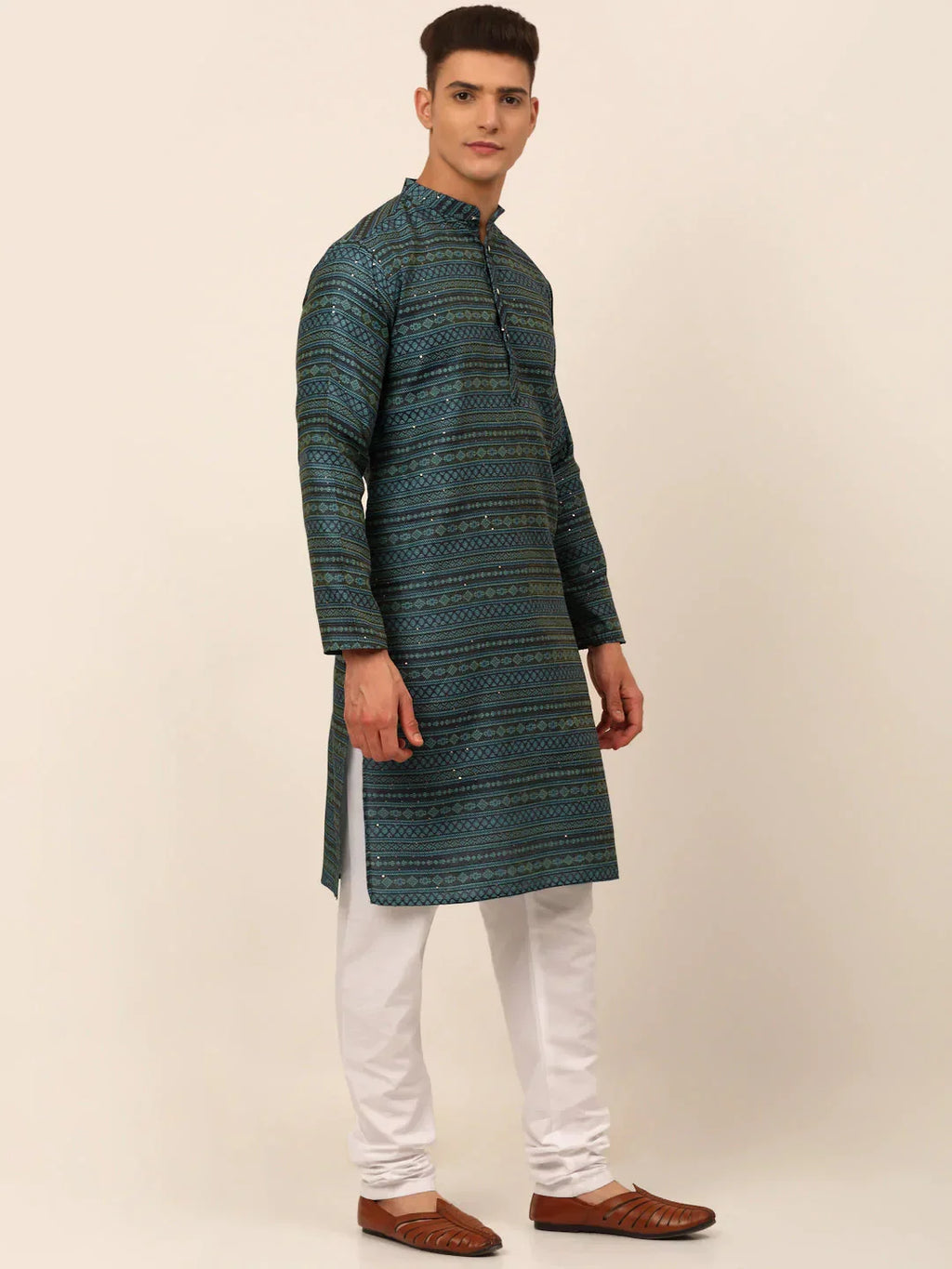 Jompers Men's Printed Sequinned Kurta with Churidar - Teal | Grocsy