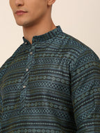 Jompers Men's Printed Sequinned Kurta with Churidar - Teal | Grocsy