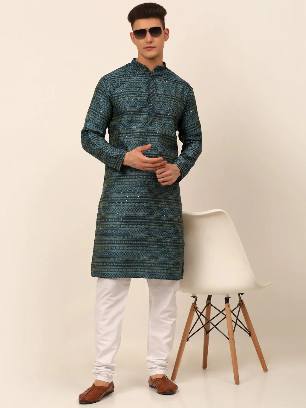 Jompers Men's Printed Sequinned Kurta with Churidar - Teal | Grocsy