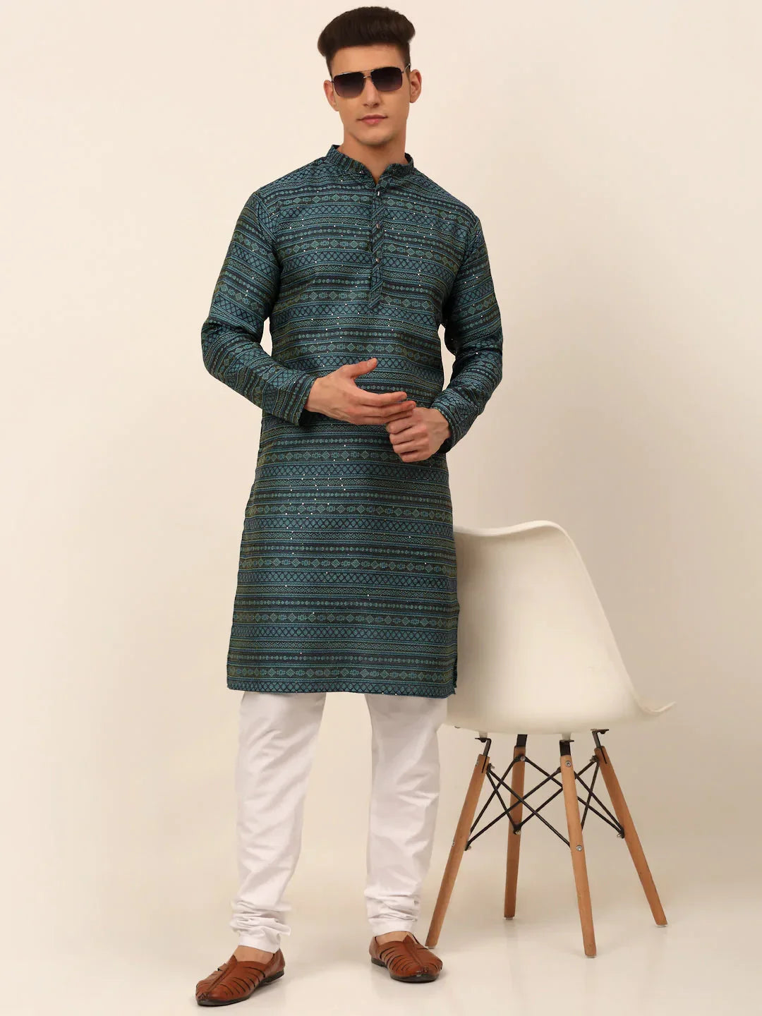 Jompers Men's Printed Sequinned Kurta Only - Teal | Grocsy