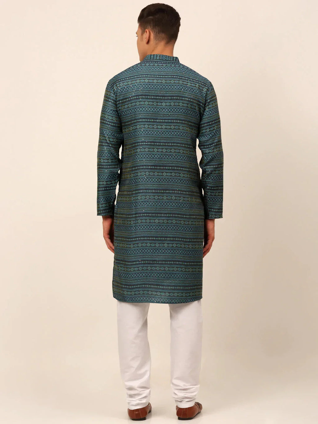Jompers Men's Printed Sequinned Kurta with Churidar - Teal | Grocsy