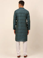 Jompers Men's Printed Sequinned Kurta with Churidar - Teal | Grocsy