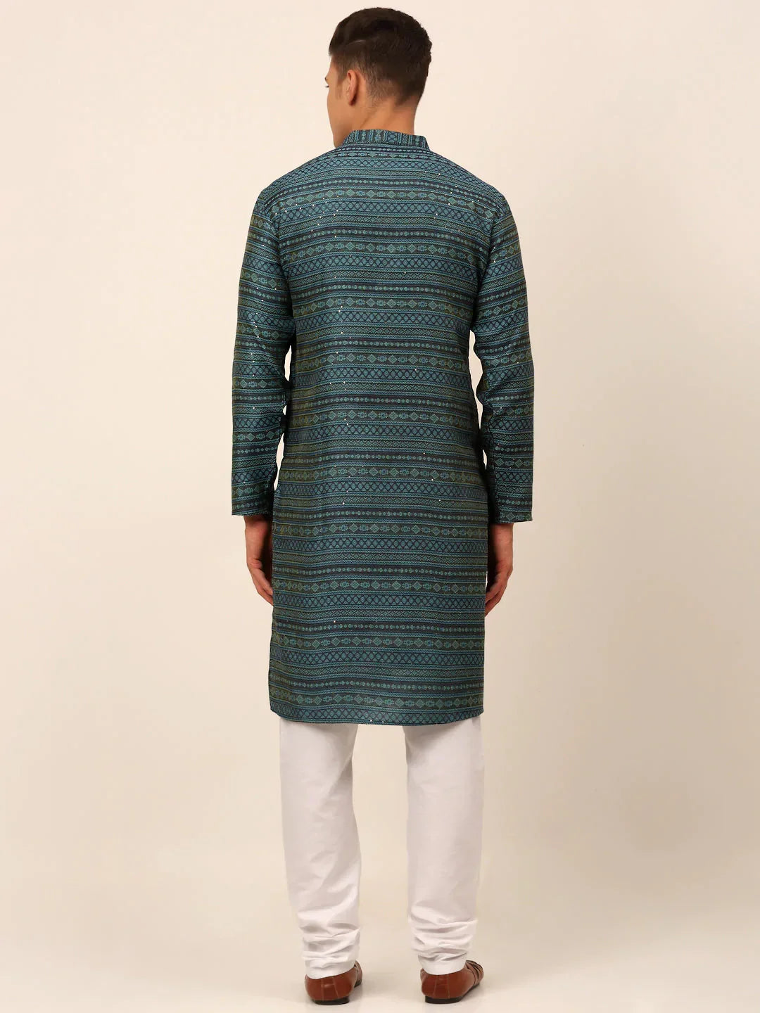 Jompers Men's Printed Sequinned Kurta with Churidar - Teal | Grocsy