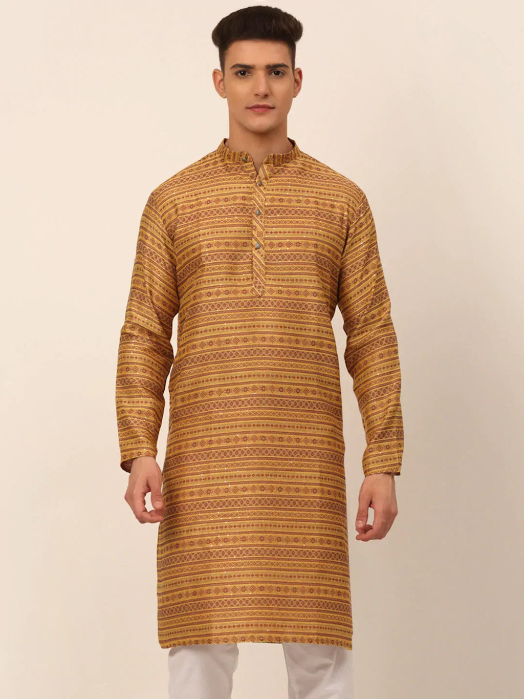 Jompers Men's Printed Sequinned Kurta Only - Yellow | Grocsy