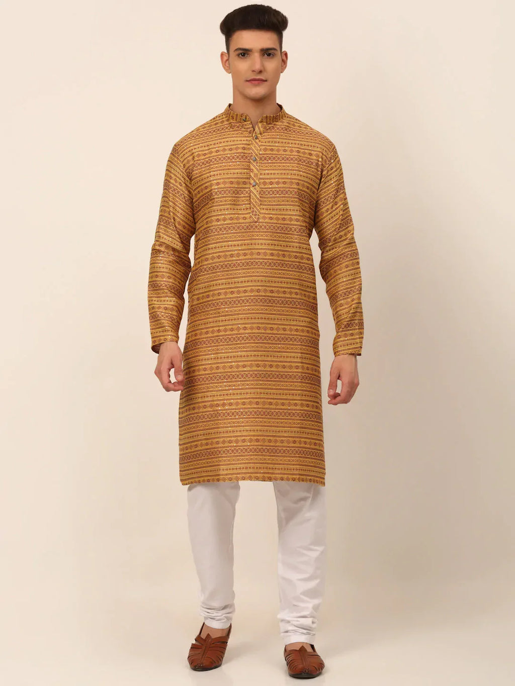 Jompers Men's Printed Sequinned Kurta with Churidar - Yellow | Grocsy