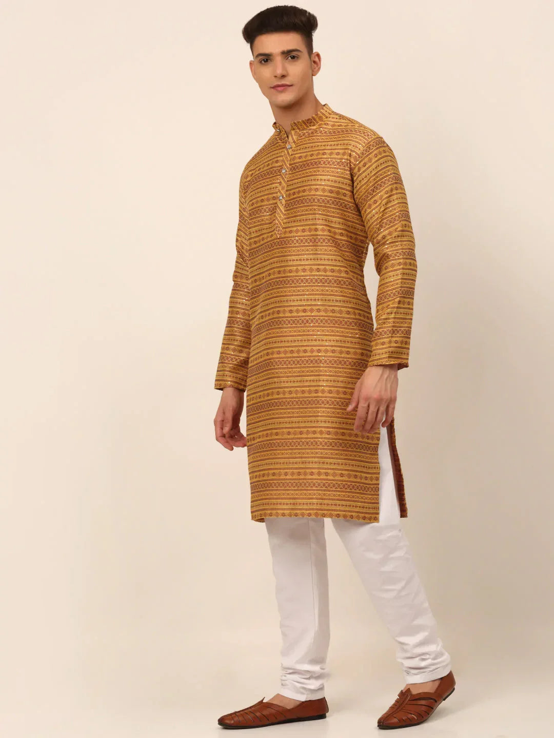 Jompers Men's Printed Sequinned Kurta with Churidar - Yellow | Grocsy