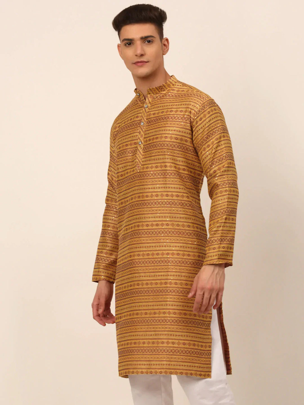 Jompers Men's Printed Sequinned Kurta Only - Yellow | Grocsy