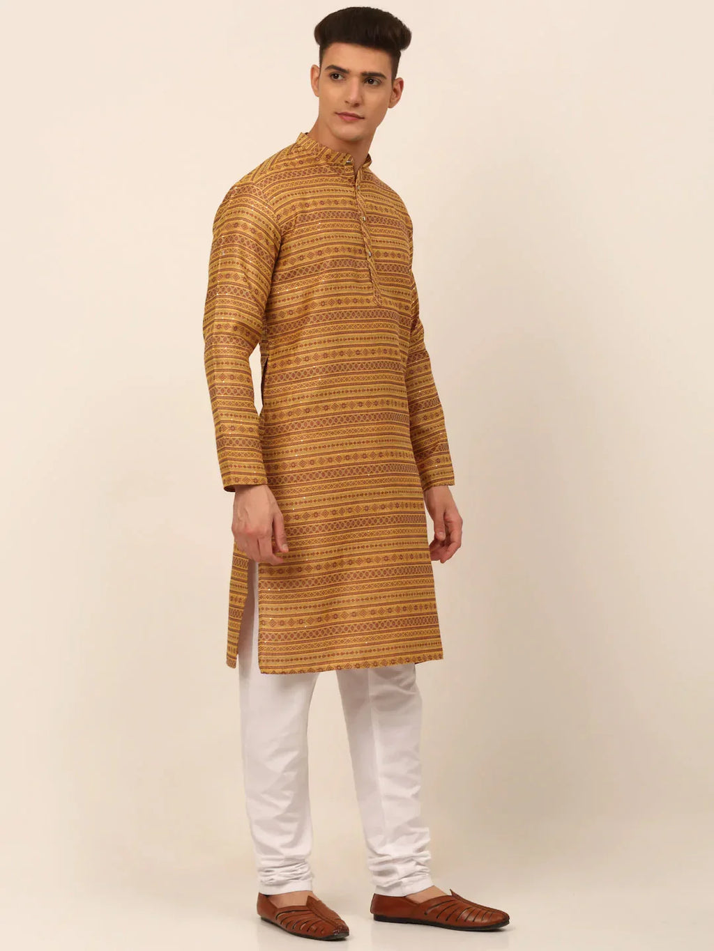 Jompers Men's Printed Sequinned Kurta Only - Yellow | Grocsy