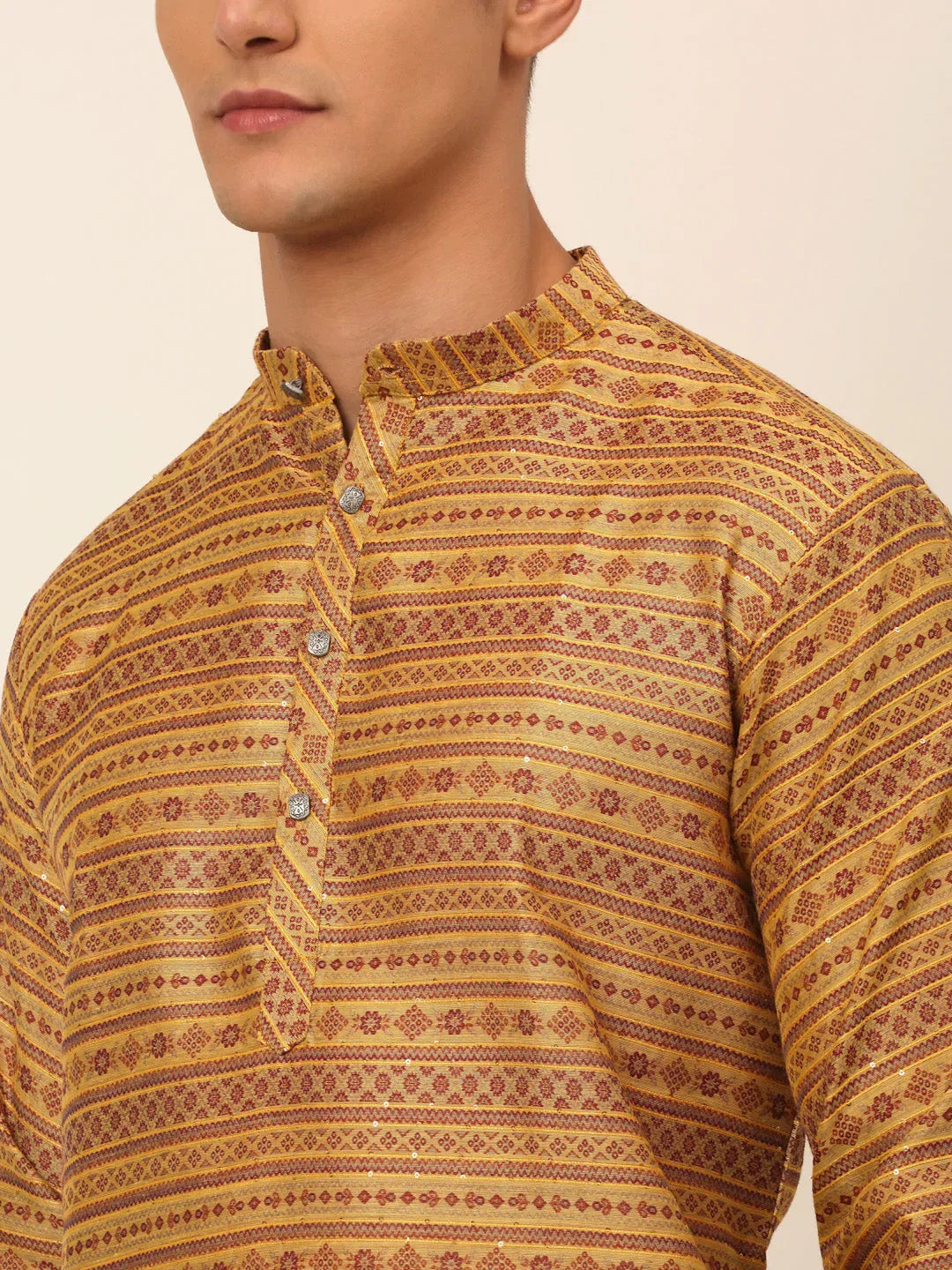 Jompers Men's Printed Sequinned Kurta with Churidar - Yellow | Grocsy