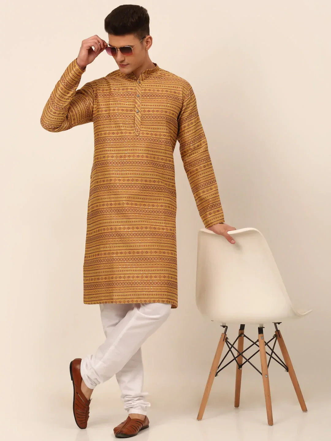 Jompers Men's Printed Sequinned Kurta with Churidar - Yellow | Grocsy