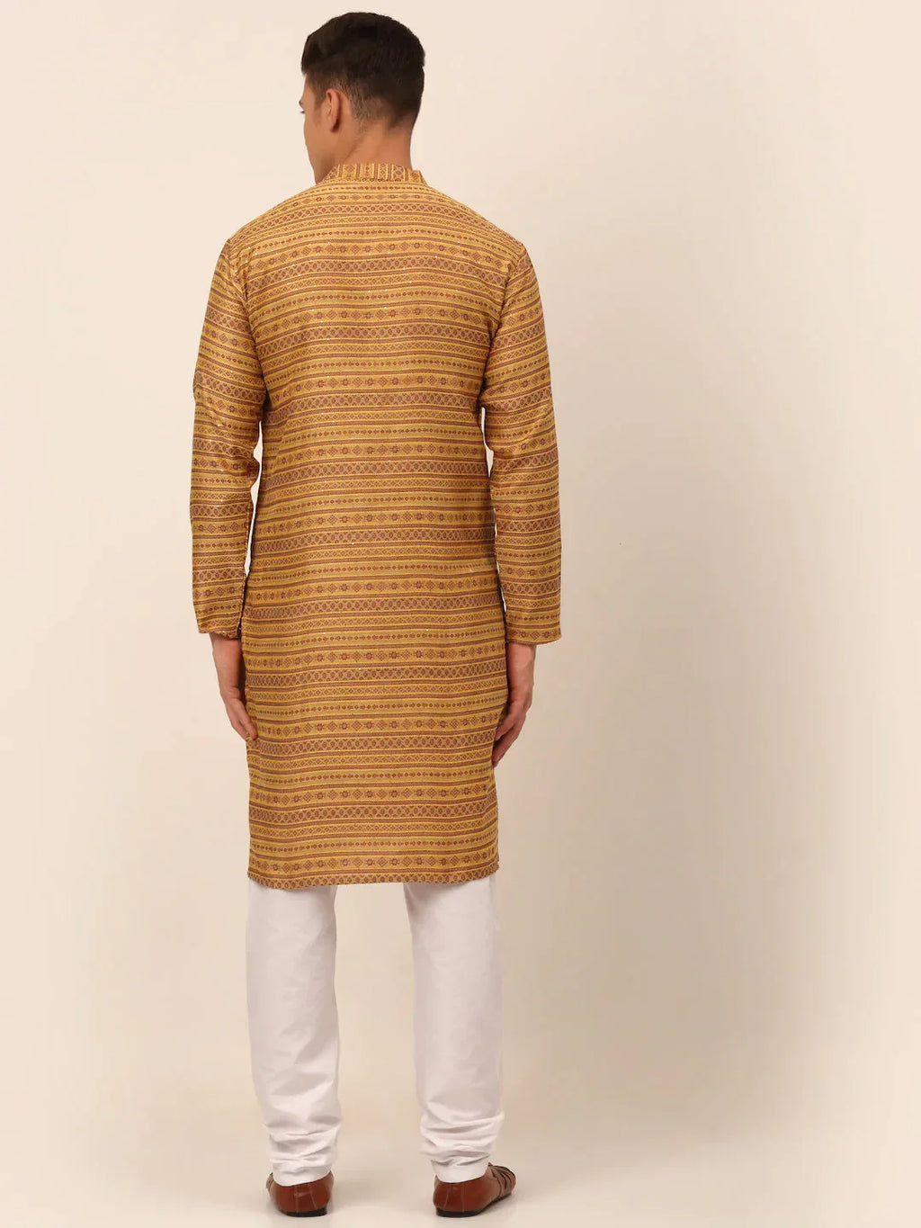 Jompers Men's Printed Sequinned Kurta with Churidar - Yellow | Grocsy