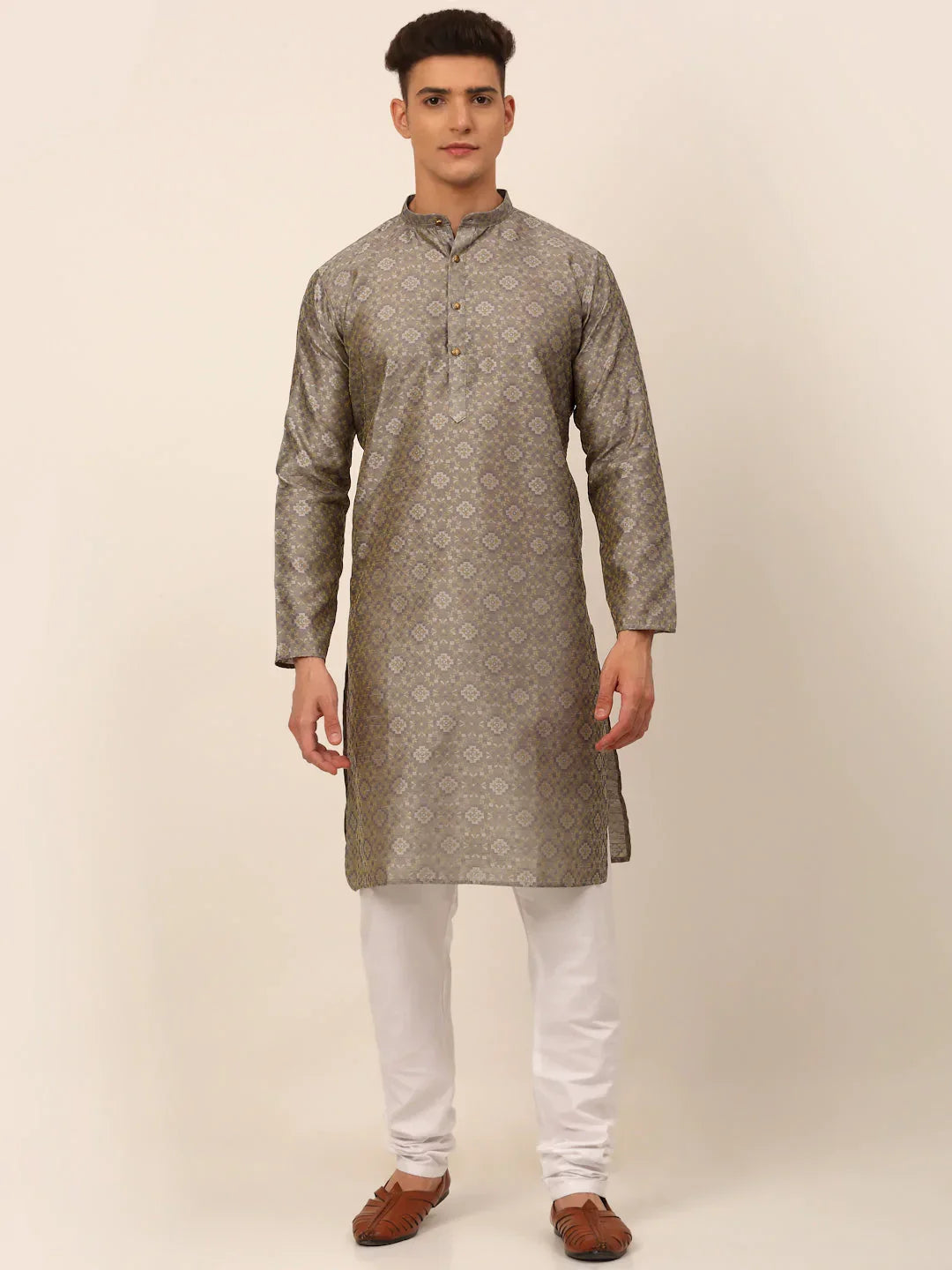 Jompers Men's Grey Floral Printed Kurta with Churidar | Grocsy