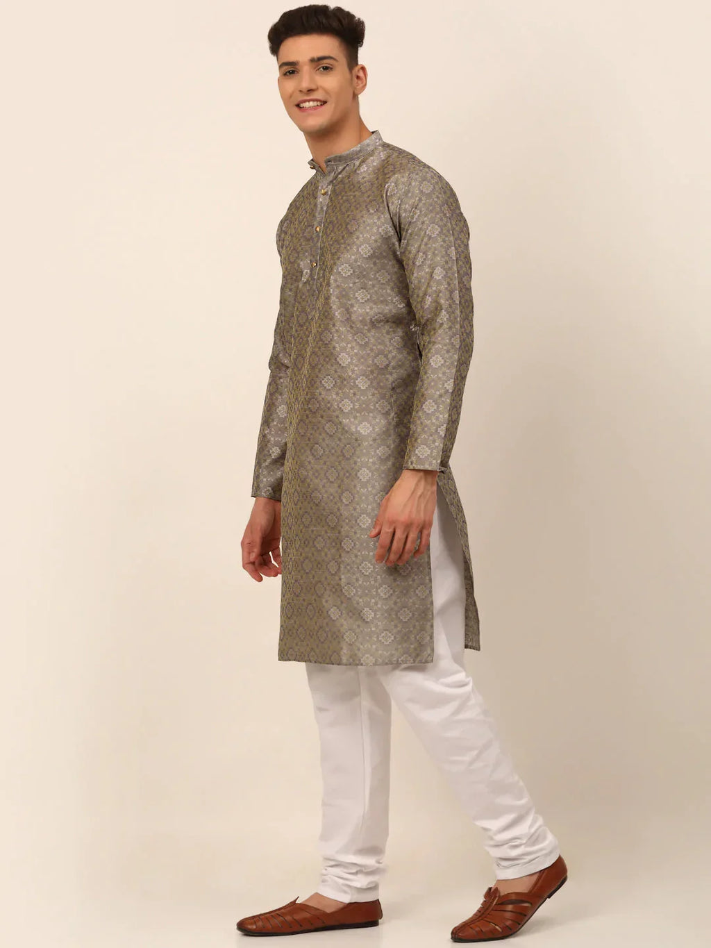 Jompers Men's Grey Floral Printed Kurta with Churidar | Grocsy