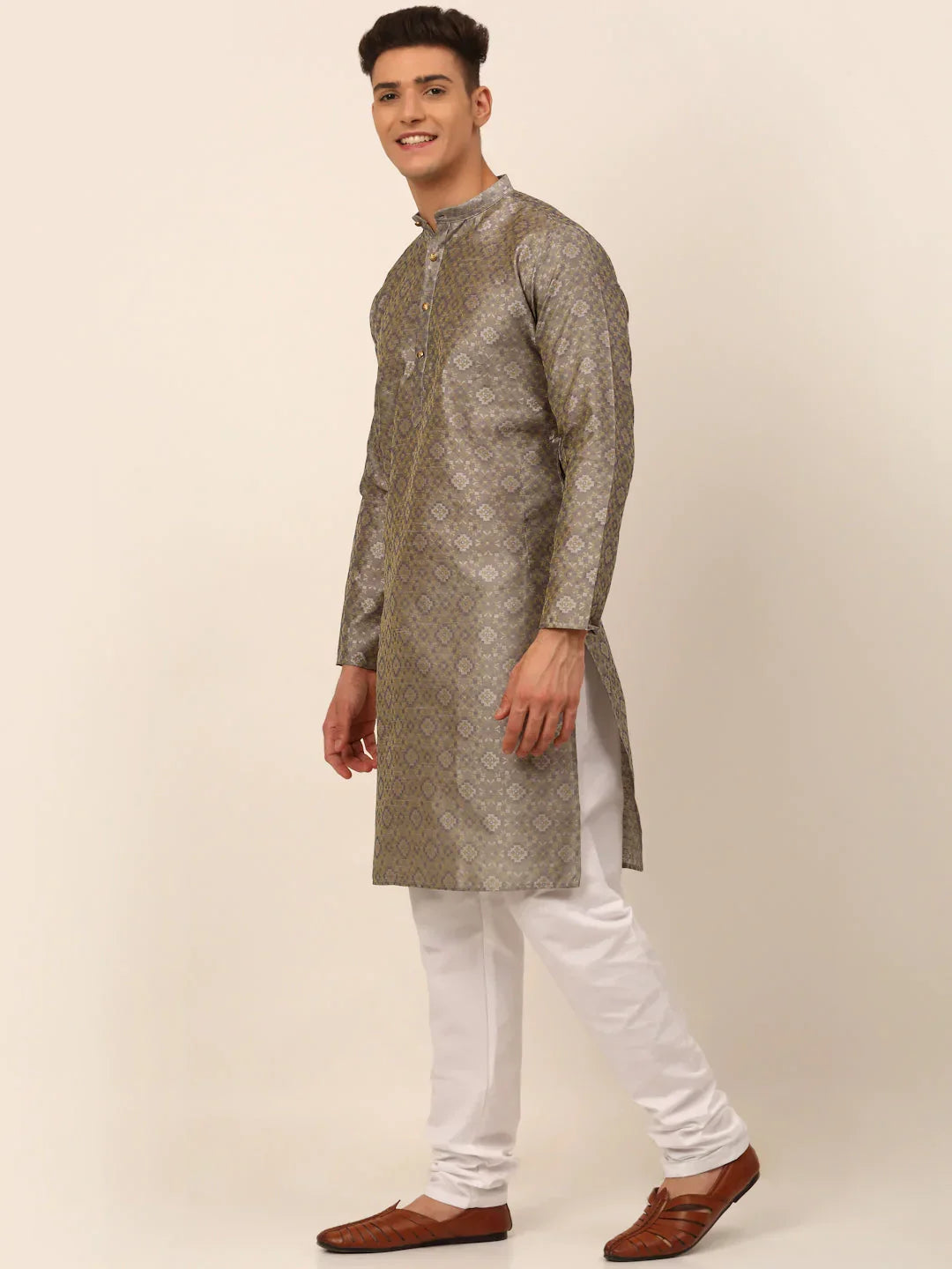 Jompers Men's Grey Floral Printed Kurta with Churidar | Grocsy
