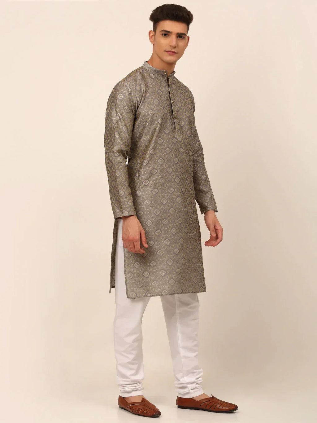Jompers Men's Grey Floral Printed Kurta with Churidar | Grocsy