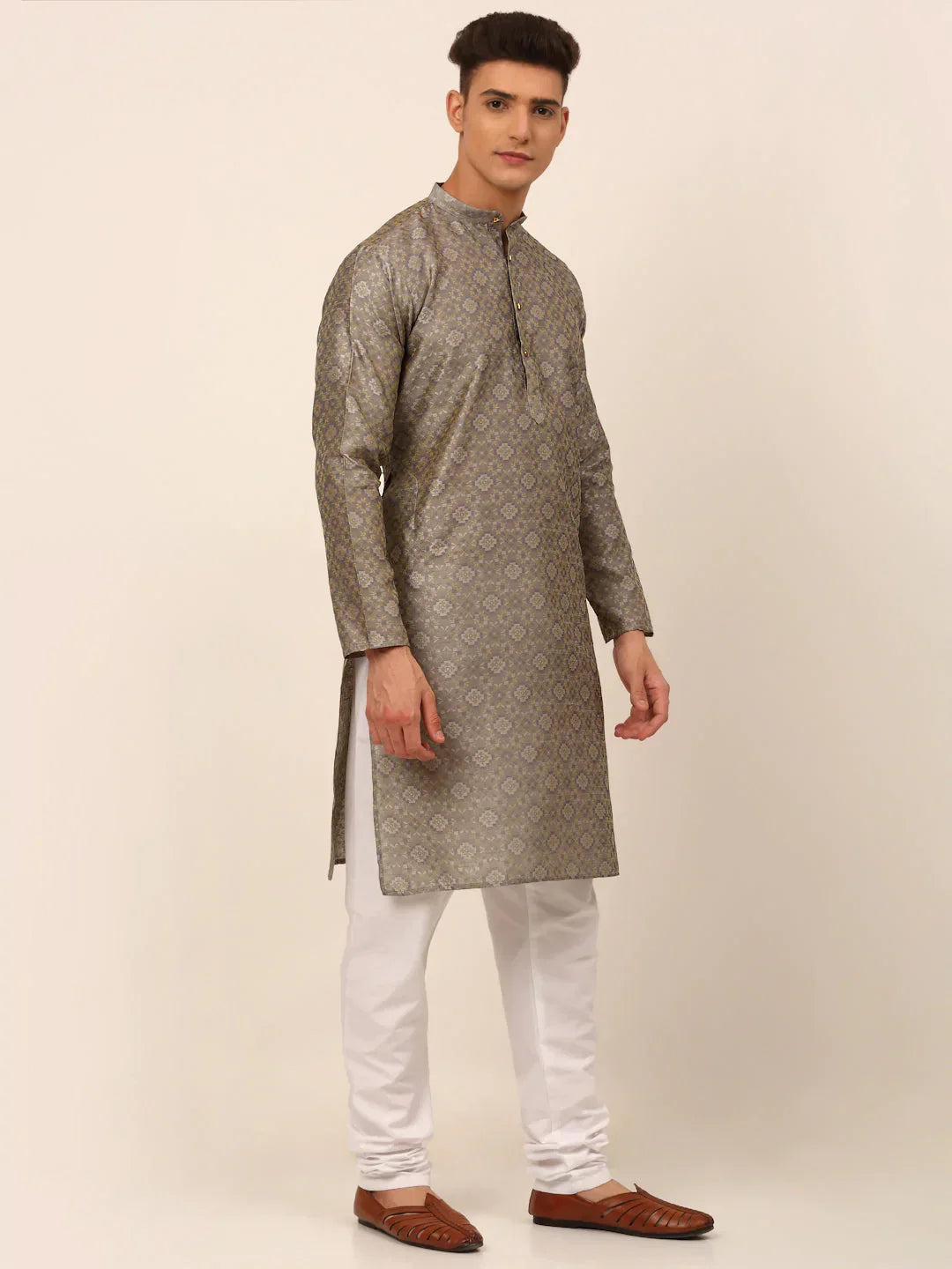 Jompers Men's Grey Floral Printed Kurta with Churidar | Grocsy