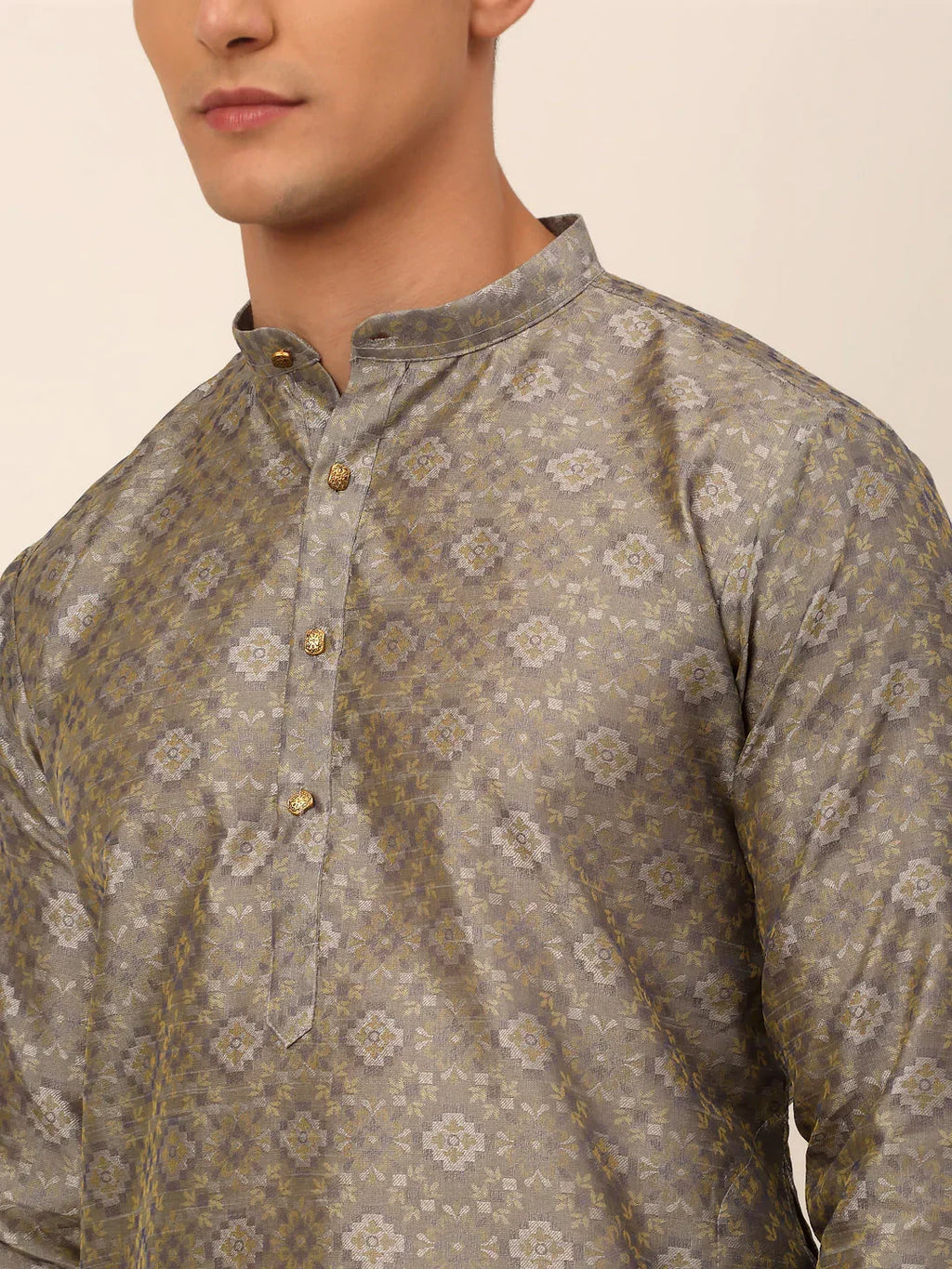 Jompers Men's Grey Floral Printed Kurta with Churidar | Grocsy