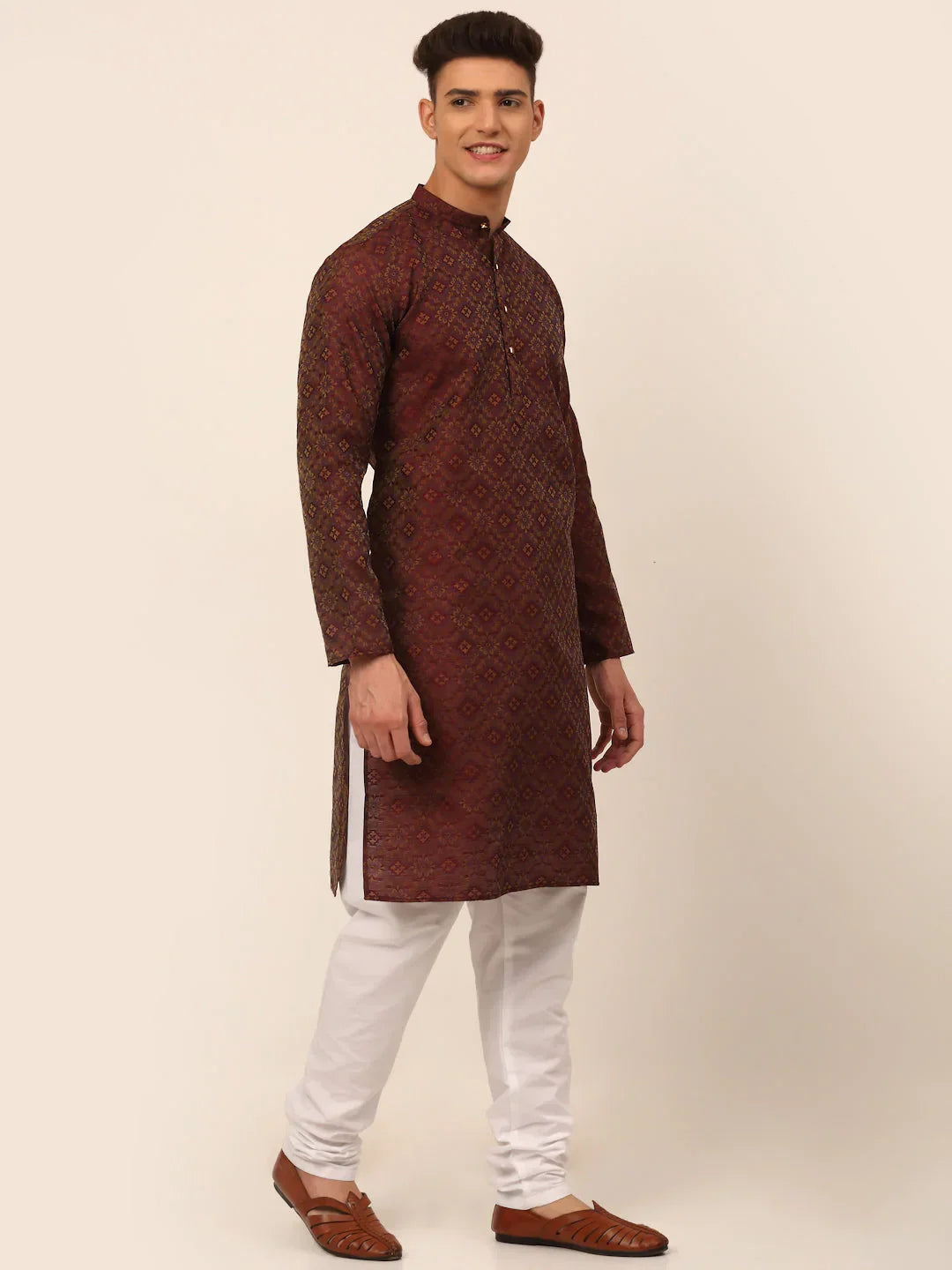 Jompers Men's Maroon Floral Printed Kurta with Churidar | Grocsy