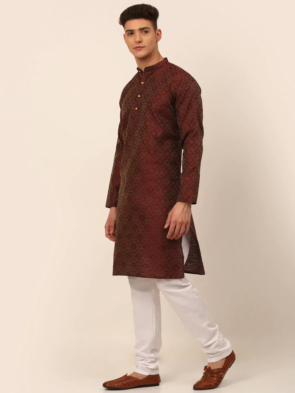 Jompers Men's Maroon Floral Printed Kurta with Churidar | Grocsy