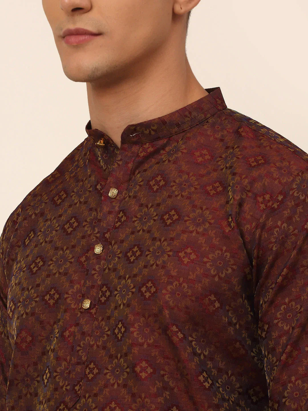Jompers Men's Maroon Floral Printed Kurta with Churidar | Grocsy