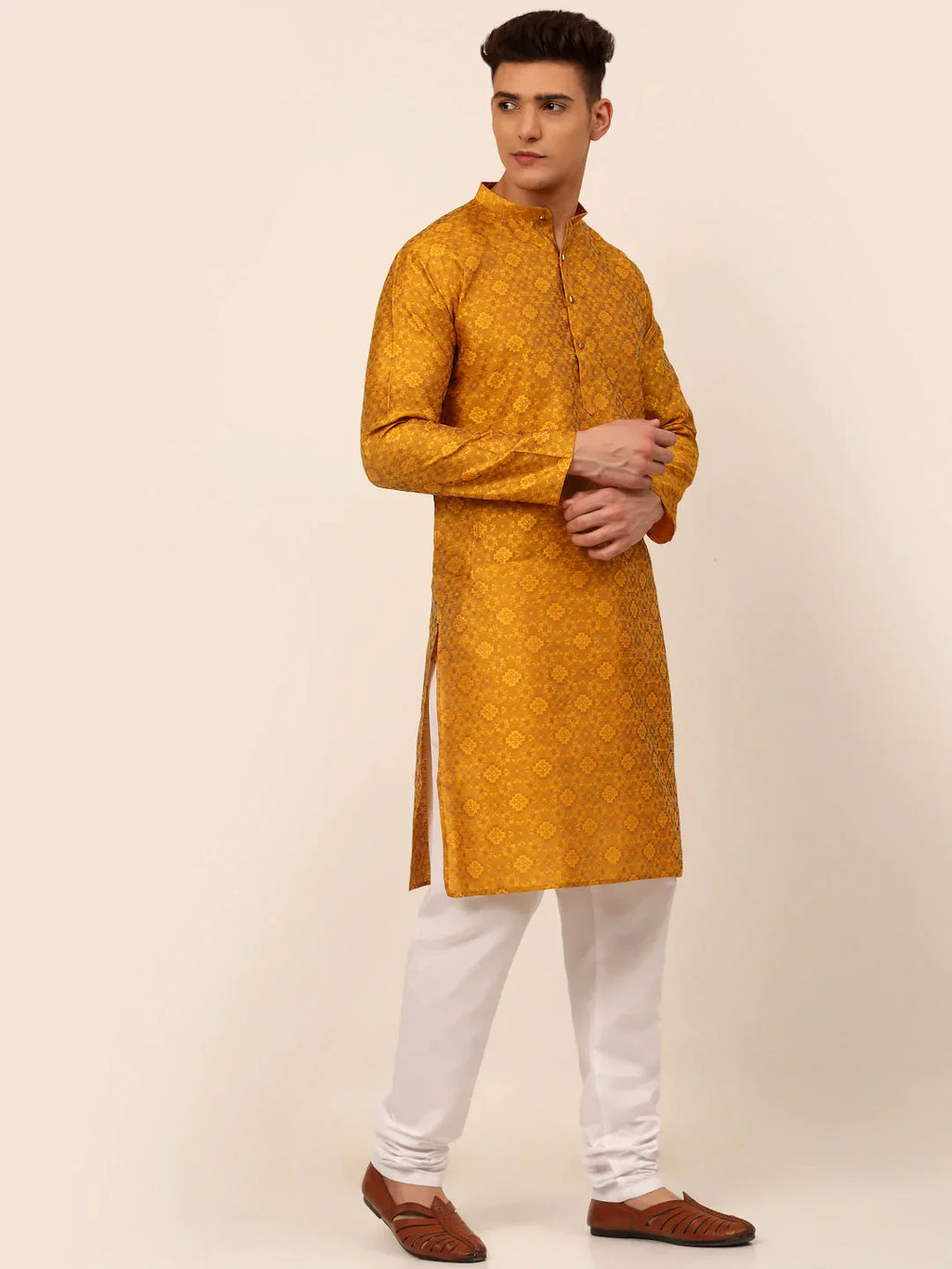 Jompers Men's Mustard Floral Printed Kurta with Churidar | Grocsy