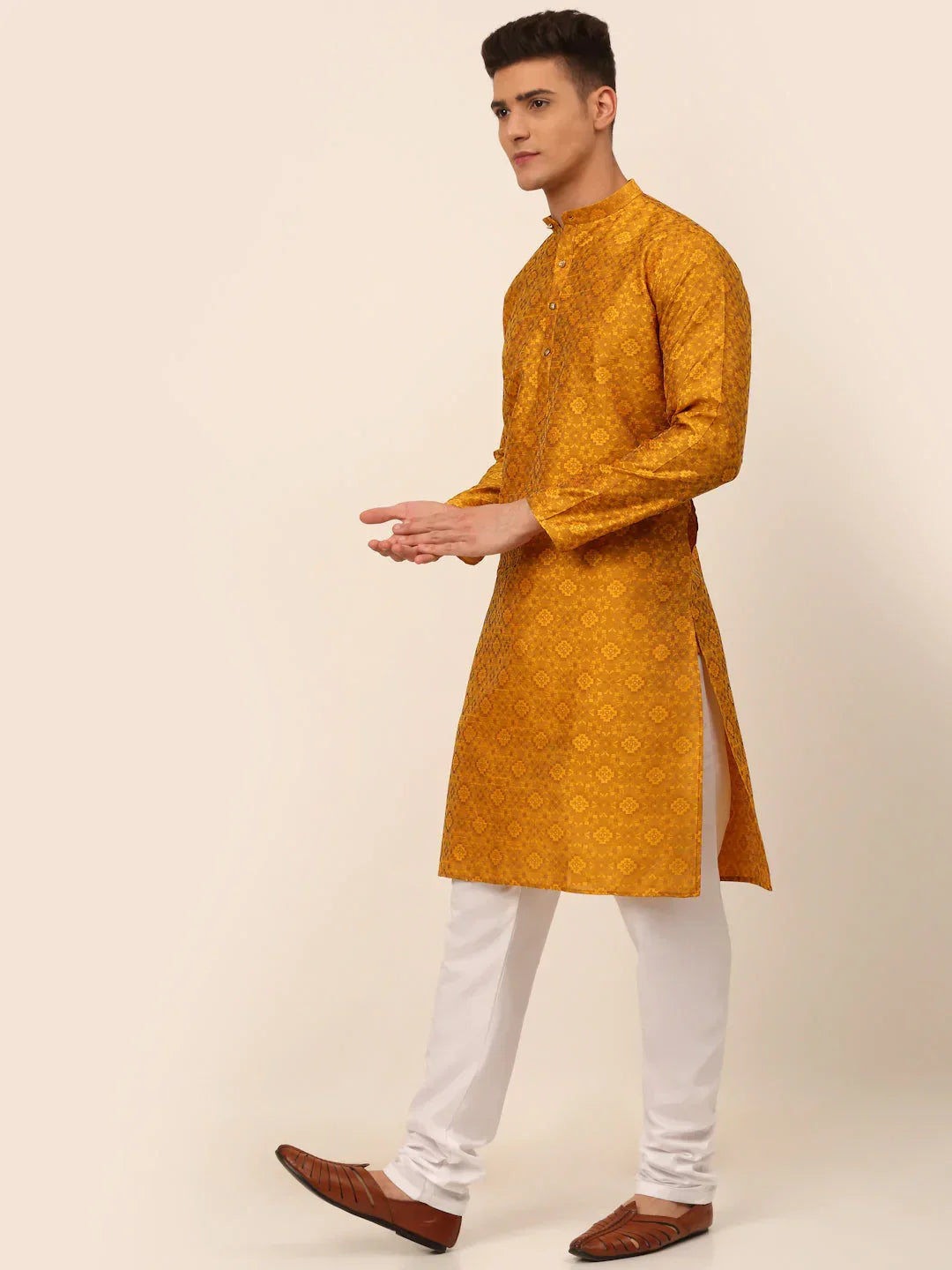 Jompers Men's Mustard Floral Printed Kurta with Churidar | Grocsy