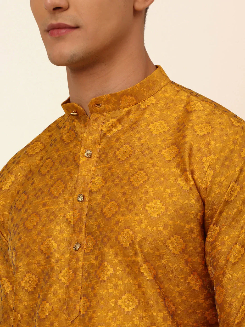 Jompers Men's Mustard Floral Printed Kurta with Churidar | Grocsy