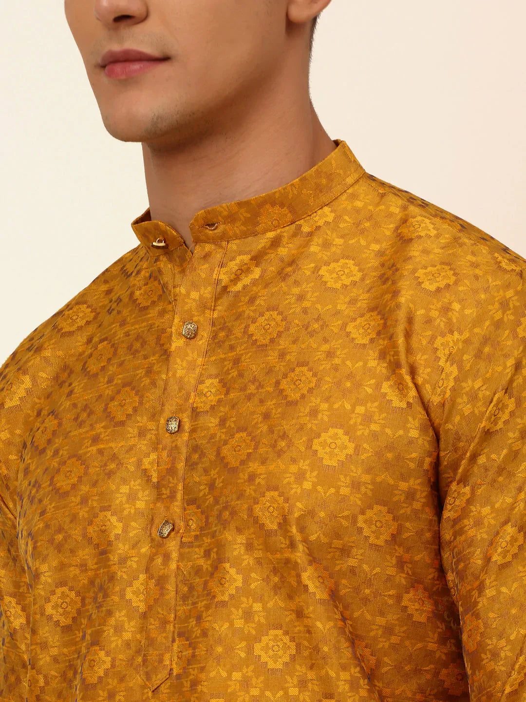 Jompers Men's Mustard Floral Printed Kurta with Churidar | Grocsy
