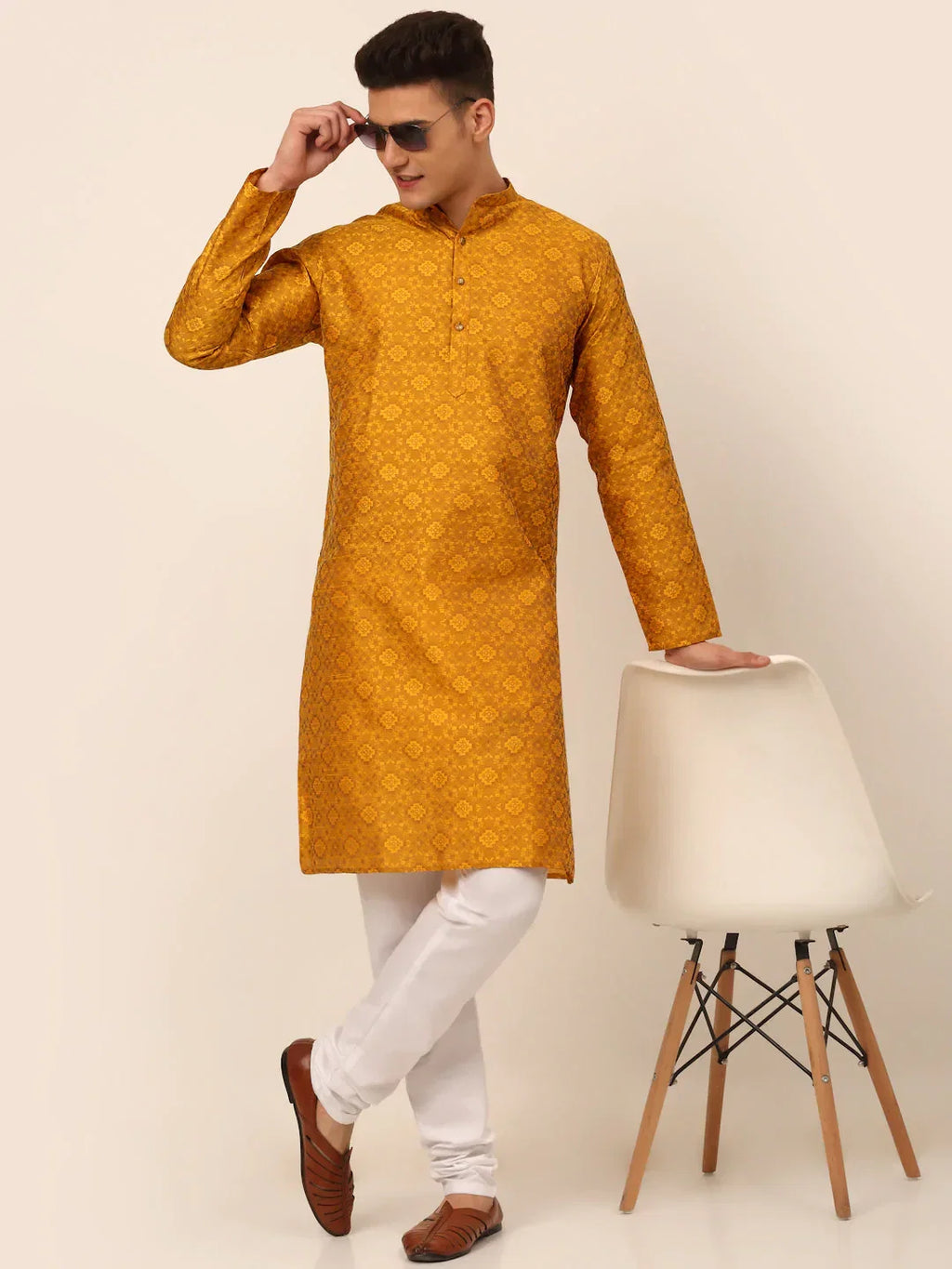 Jompers Men's Mustard Floral Printed Kurta with Churidar | Grocsy