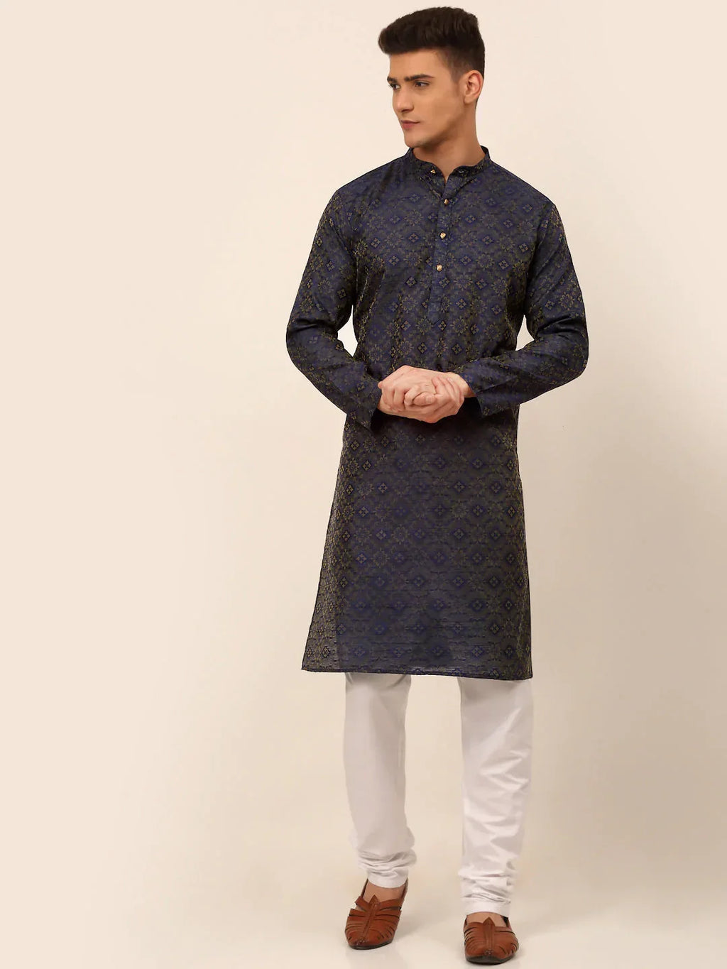 Jompers Men's Navy Blue Floral Printed Kurta with Churidar | Grocsy
