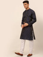 Jompers Men's Navy Blue Floral Printed Kurta with Churidar | Grocsy