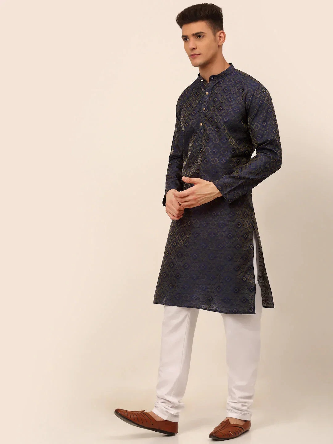Jompers Men's Navy Blue Floral Printed Kurta with Churidar | Grocsy