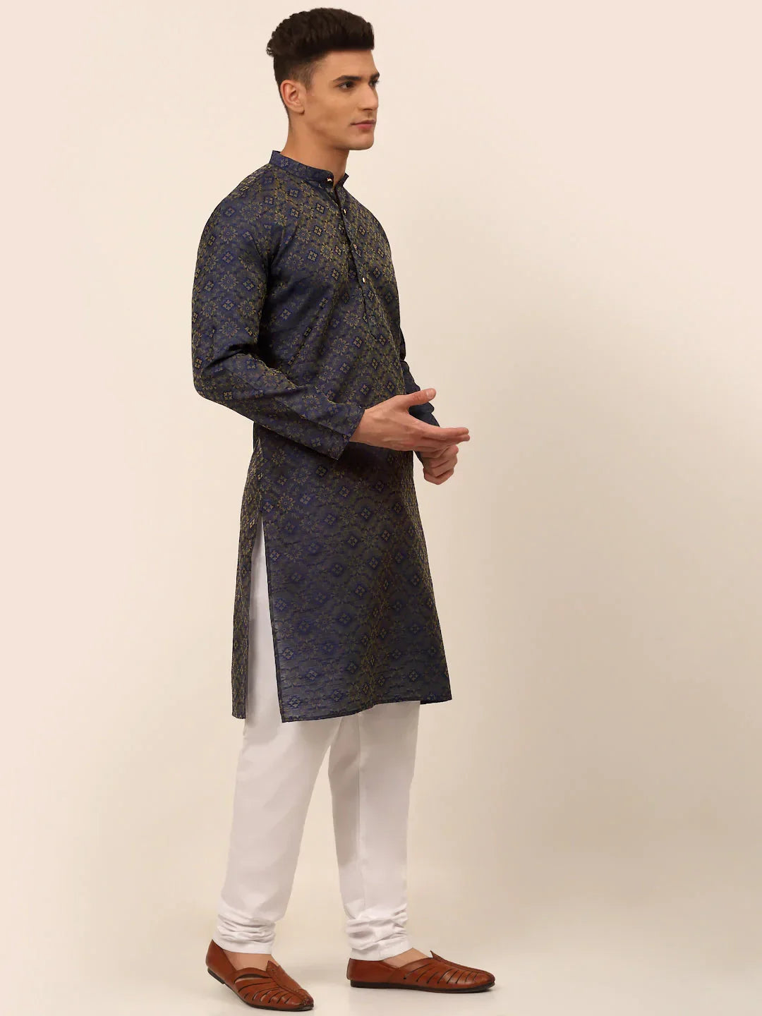 Jompers Men's Navy Blue Floral Printed Kurta with Churidar | Grocsy