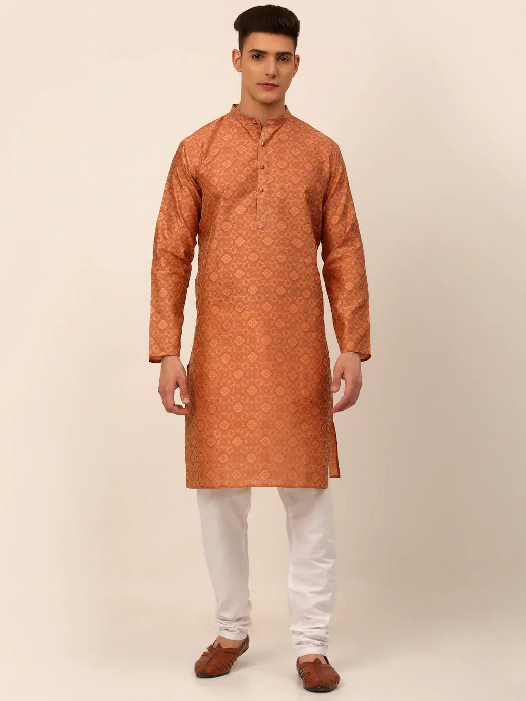 Jompers Men's Peach Floral Printed Kurta with Churidar | Grocsy