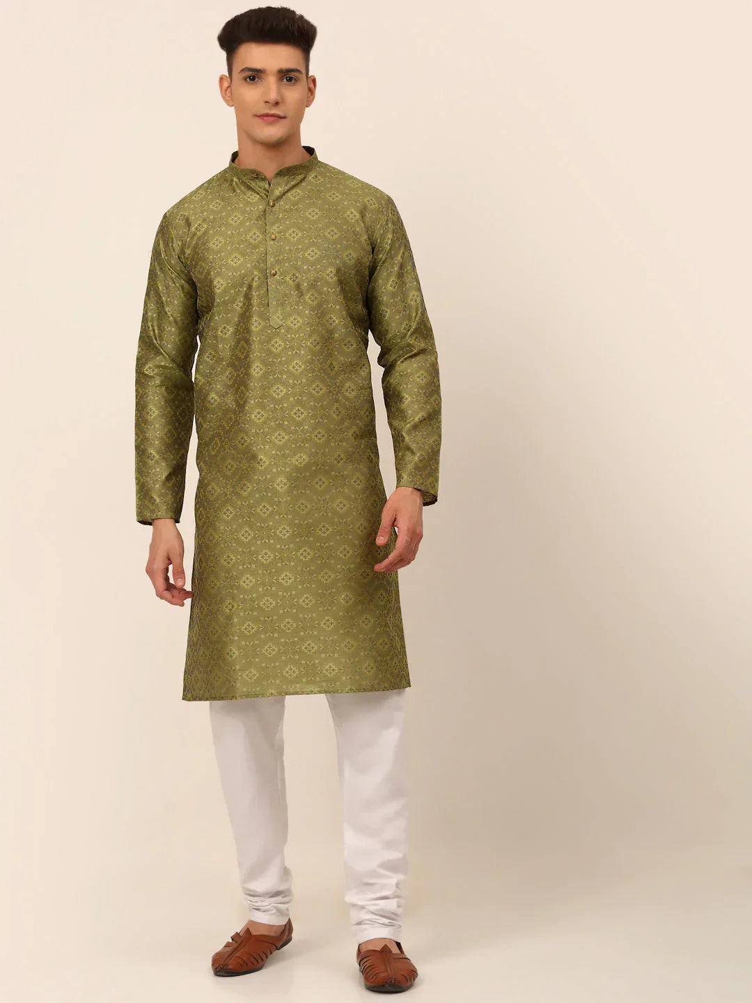 Jompers Men's Pista Green Floral Printed Kurta with Churidar | Grocsy