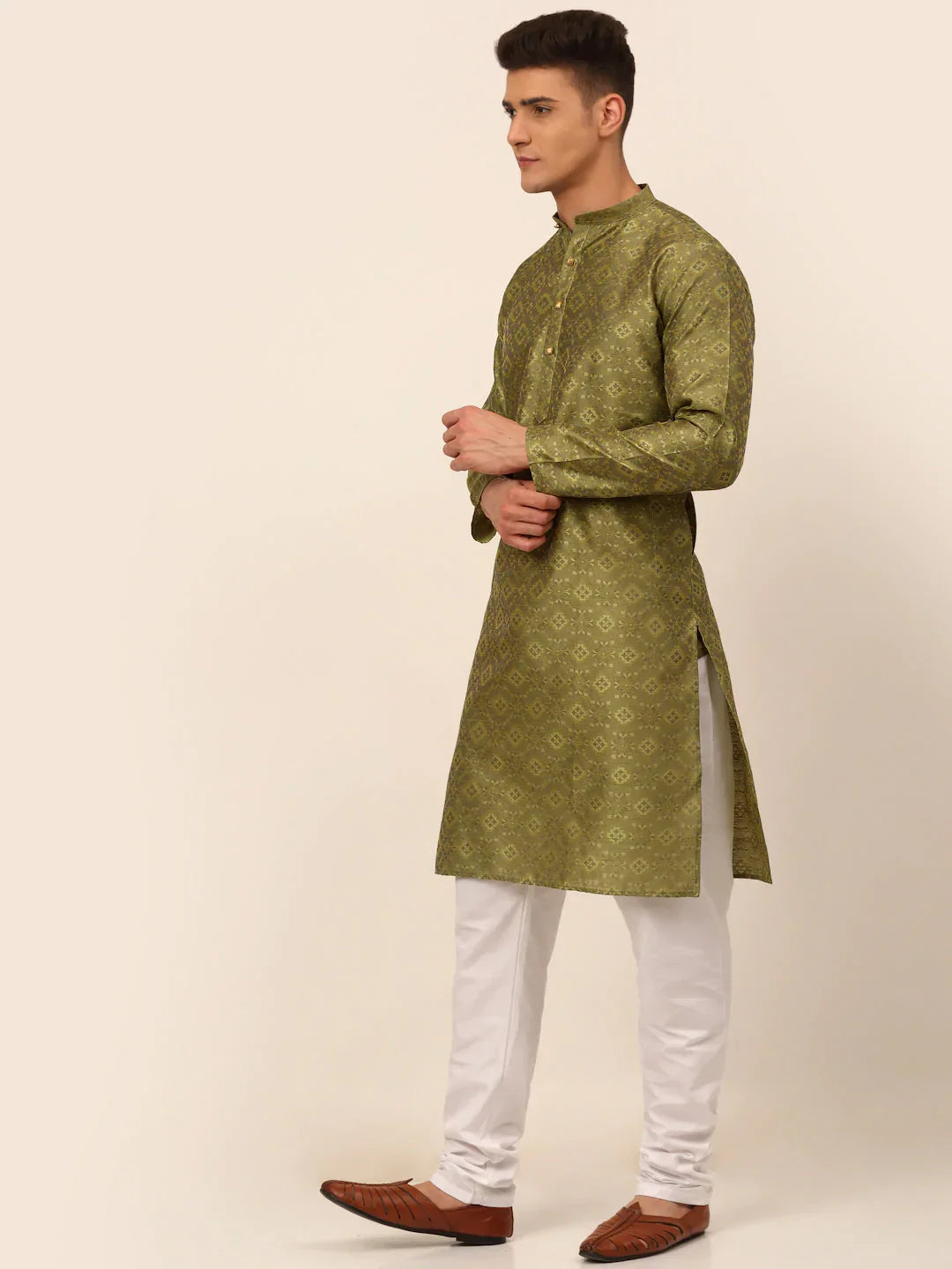 Jompers Men's Pista Green Floral Printed Kurta with Churidar | Grocsy