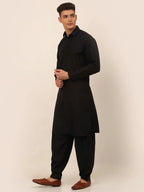 Jompers Men's Black Cotton Solid Pathani Kurta with Salwar | Grocsy
