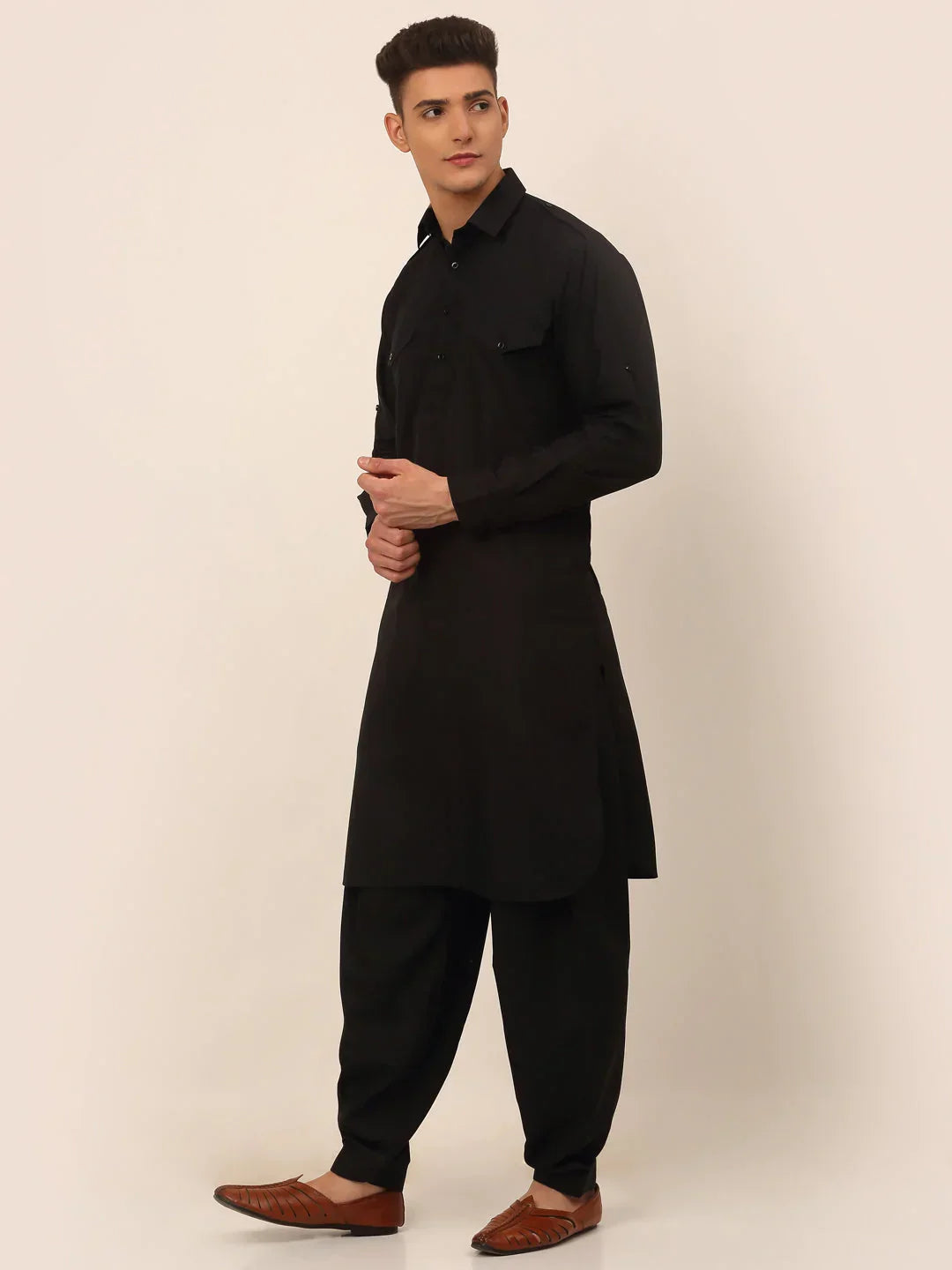 Jompers Men's Black Cotton Solid Pathani Kurta with Salwar | Grocsy