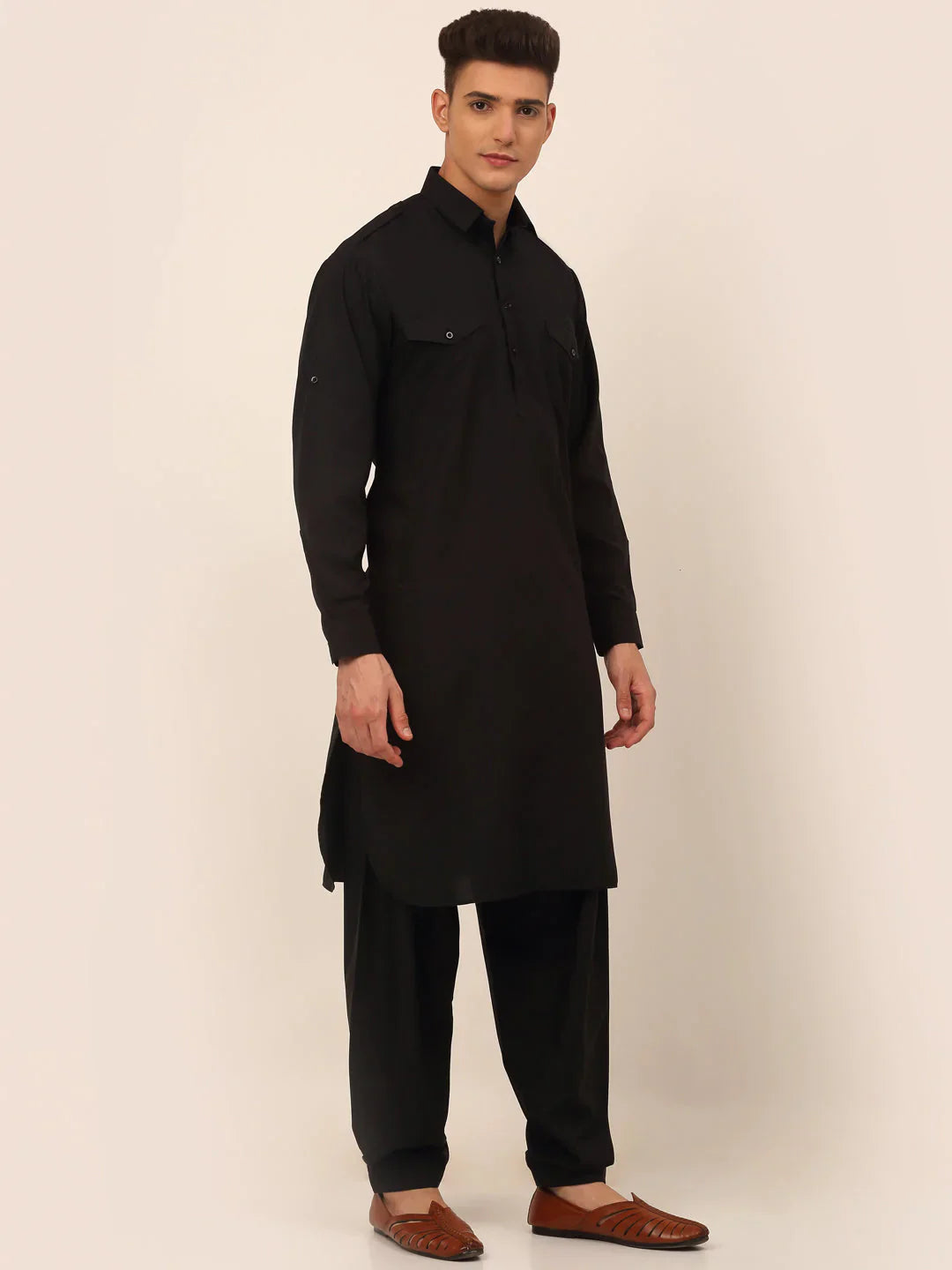 Jompers Men's Black Cotton Solid Pathani Kurta with Salwar | Grocsy