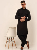 Jompers Men's Black Cotton Solid Pathani Kurta with Salwar | Grocsy