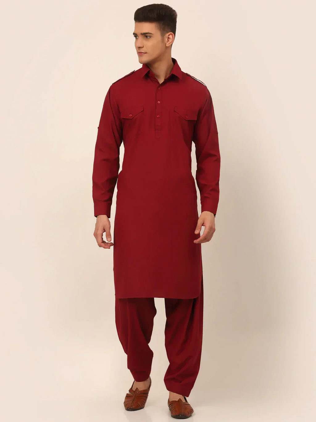 Jompers Men's Maroon Cotton Solid Pathani Kurta with Salwar | Grocsy